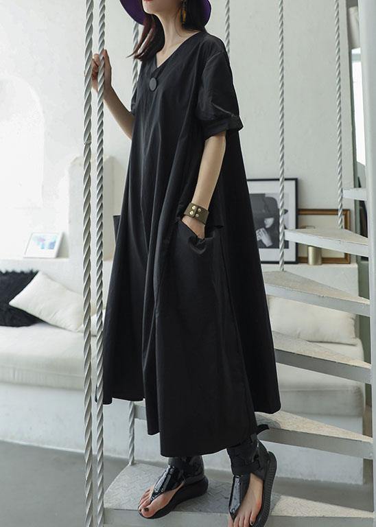 Black V Neck Cotton Tunics Big Pockets Maxi Summer Dresses
