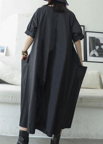 Black V Neck Cotton Tunics Big Pockets Maxi Summer Dresses