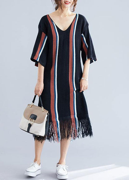 Black V Neck Cotton Tunics for Tassel Traveling Summer Dress