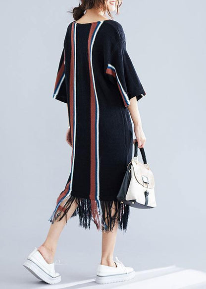 Black V Neck Cotton Tunics for Tassel Traveling Summer Dress