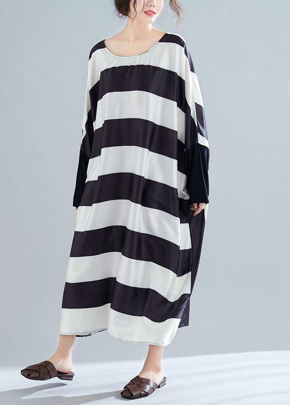 Black White Striped Quilting Clothes Batwing Sleeve O Neck Long Summer Dresses