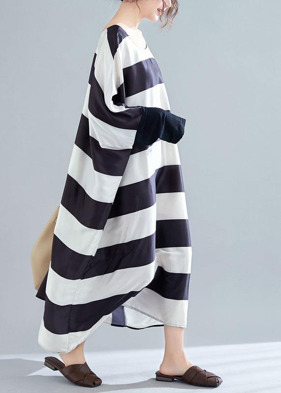 Black White Striped Quilting Clothes Batwing Sleeve O Neck Long Summer Dresses