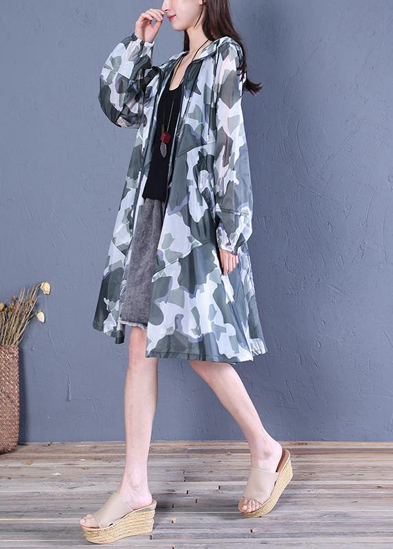 Blackish Green Print Fine Coat Pattern Hooded Zippered Outwears
