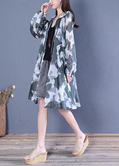 Blackish Green Print Fine Coat Pattern Hooded Zippered Outwears