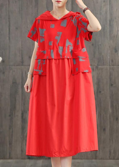 Blended Long Shirts Loose Literary Graffiti Print Hooded Dress