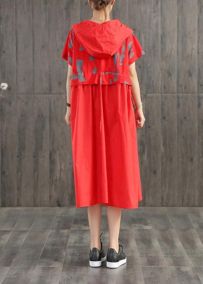 Blended Long Shirts Loose Literary Graffiti Print Hooded Dress