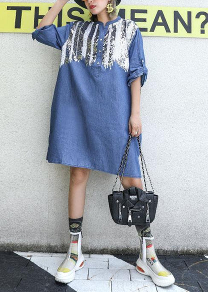 Blue Cotton Dresses Side Open Midi Fall Dresses