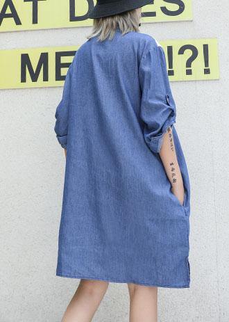 Blue Cotton Dresses Side Open Midi Fall Dresses