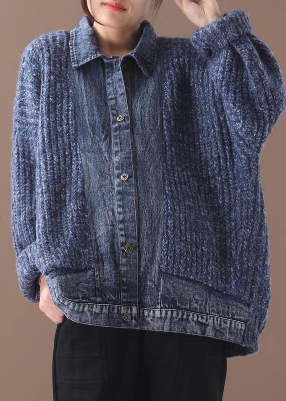 Blue Sweater Blouse Lapel Collar Oversize Patchwork Sweaters