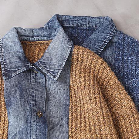Blue Sweater Blouse Lapel Collar Oversize Patchwork Sweaters
