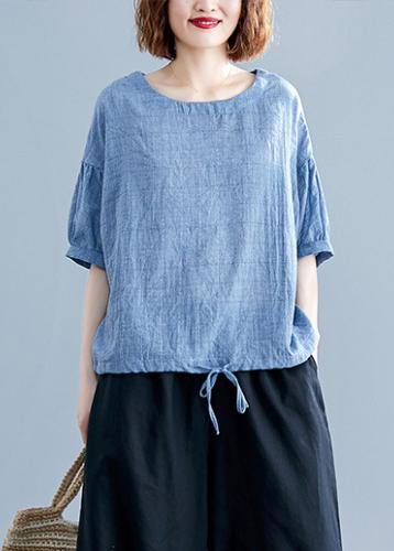 Blue Cotton Tunics for O Neck Drawstring Dresses Blouses