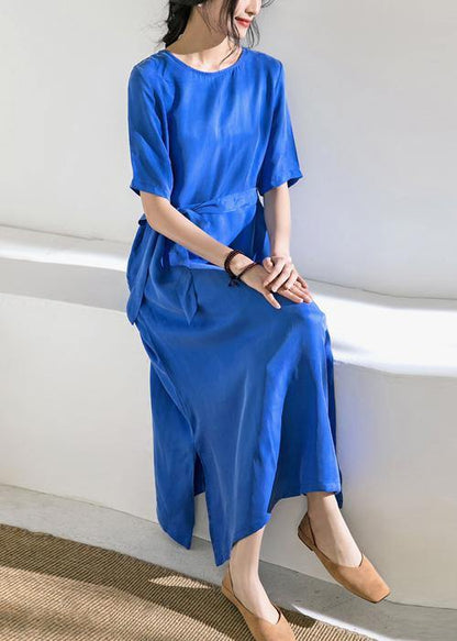 Blue Cotton Tunics for O Neck Tie Waist a Line Summer Dress