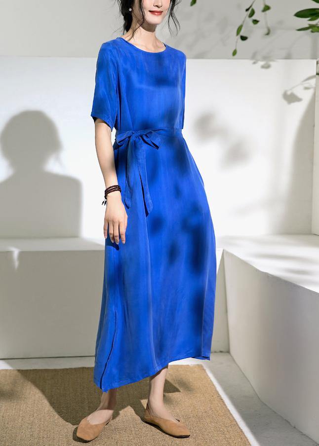 Blue Cotton Tunics for O Neck Tie Waist a Line Summer Dress