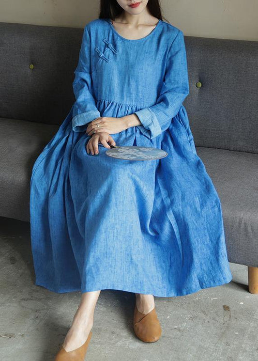 Blue Dresses O Neck Cinched Long Fall Dresses