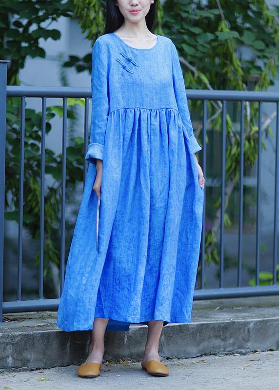 Blue Dresses O Neck Cinched Long Fall Dresses
