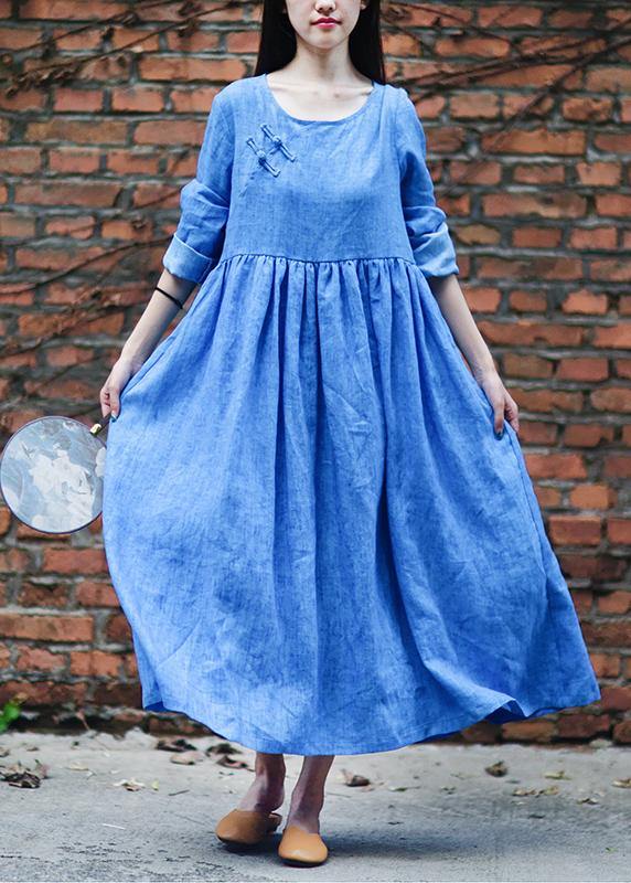 Blue Dresses O Neck Cinched Long Fall Dresses