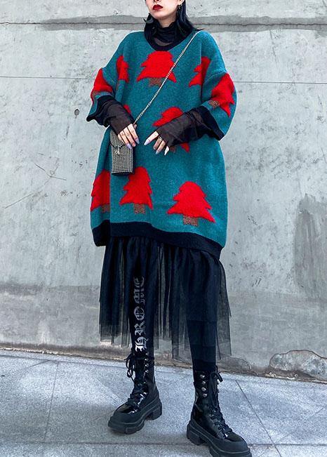 Blue Green Sweater Weather Patchwork Tulle Daily Sweater Dress