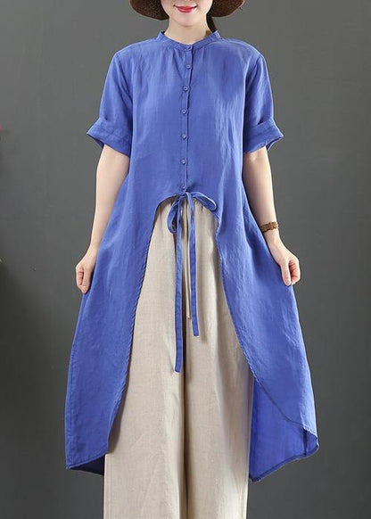 Blue Linen Clothes Stand Collar Asymmetric Knee Blouses
