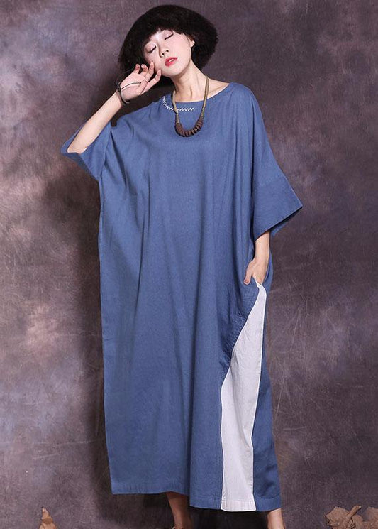 Blue O Neck Cotton Clothes Half Sleeve a Line Summer Dresses