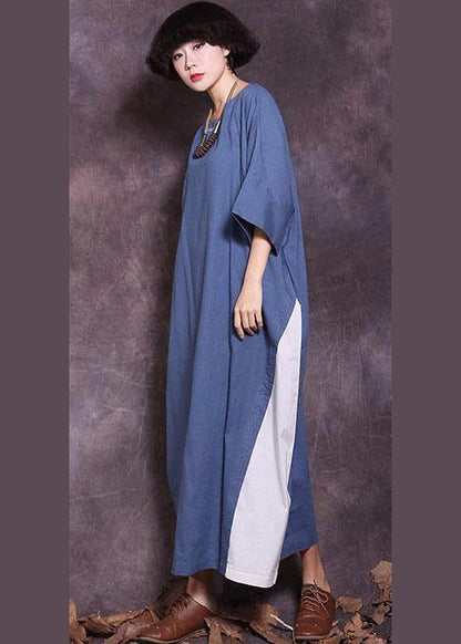 Blue O Neck Cotton Clothes Half Sleeve a Line Summer Dresses