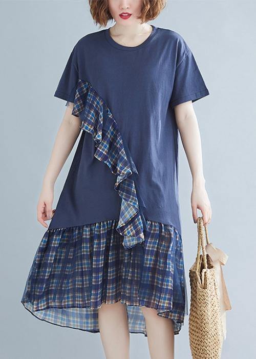 Blue Plaid Cotton Tunic O Neck Patchwork Tulle Daily Dresses