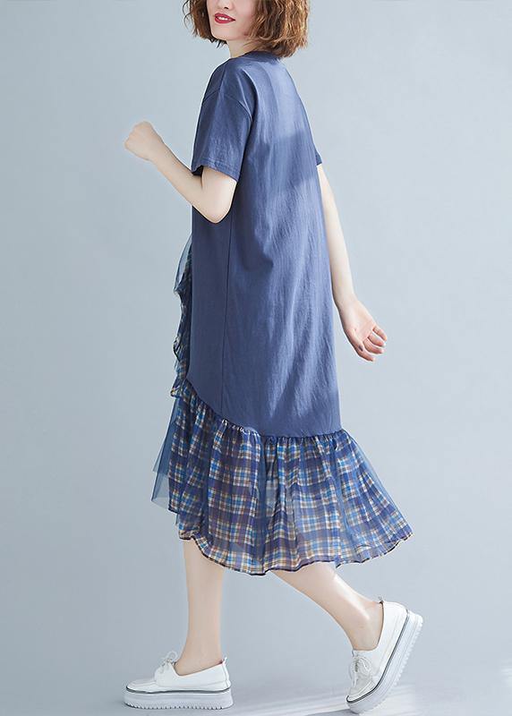 Blue Plaid Cotton Tunic O Neck Patchwork Tulle Daily Dresses