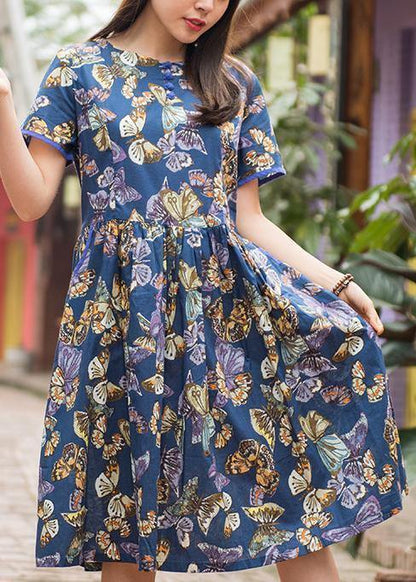 Blue Print Cotton Clothes O Neck Cinched Clothing Summer Dress