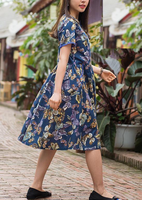 Blue Print Cotton Clothes O Neck Cinched Clothing Summer Dress