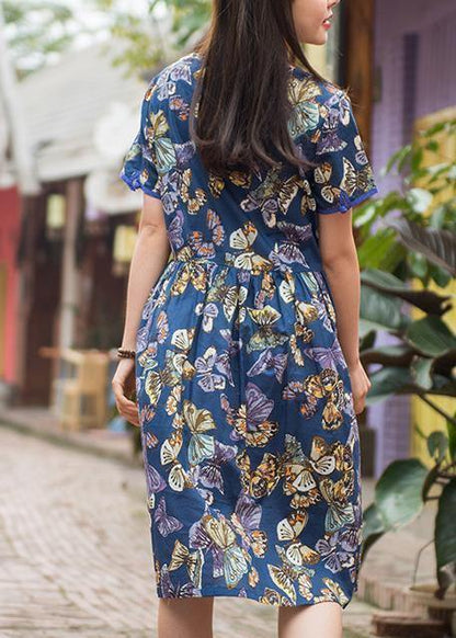 Blue Print Cotton Clothes O Neck Cinched Clothing Summer Dress