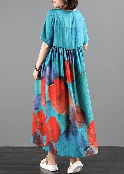 Blue Print Cotton Dress O Neck Extra Large Hem Robes Summer Dresses