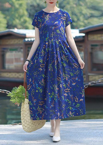 Blue Print Cotton Linen Tunics O Neck Cinched Short Summer Dress