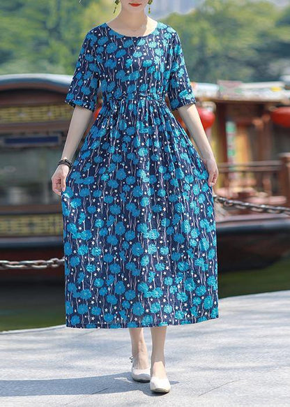 Blue Print Cotton Outfit O Neck Drawstring Summer Dress