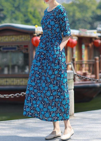 Blue Print Cotton Outfit O Neck Drawstring Summer Dress