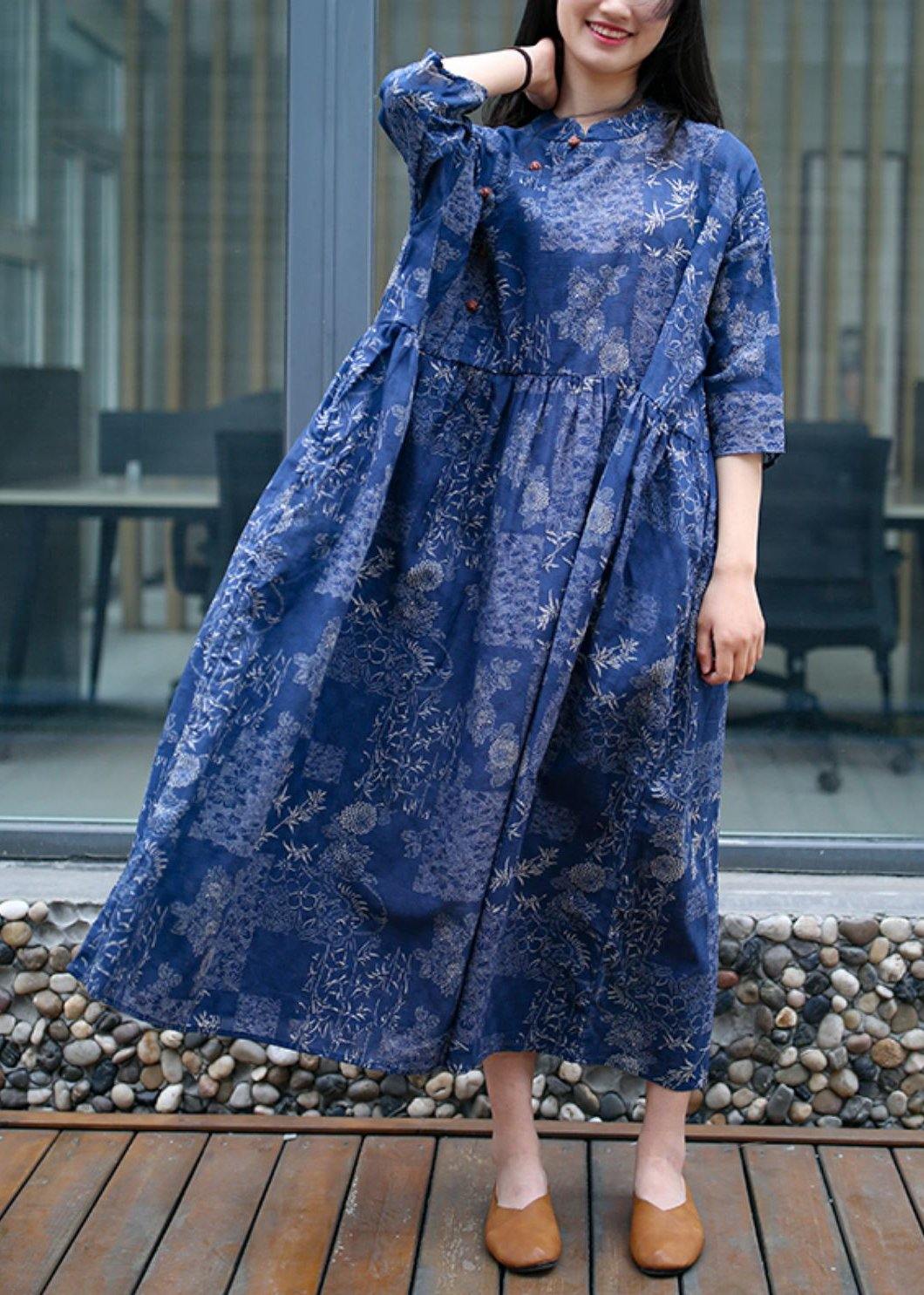 Blue Print Cotton Quilting Clothes Stand Collar Extra Large Hem Traveling Summer Dress