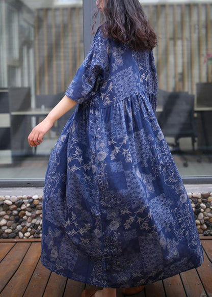 Blue Print Cotton Quilting Clothes Stand Collar Extra Large Hem Traveling Summer Dress