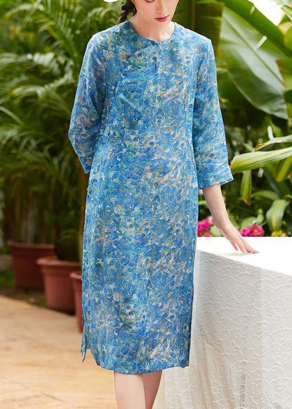 Blue Print Linen Shirts O Neck Side Open Short Summer Dresses
