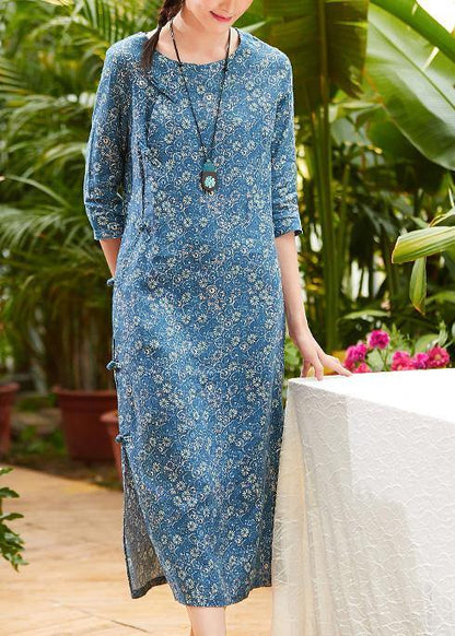 Blue Print Linen Clothes for O Neck Chinese Button Summer Dress