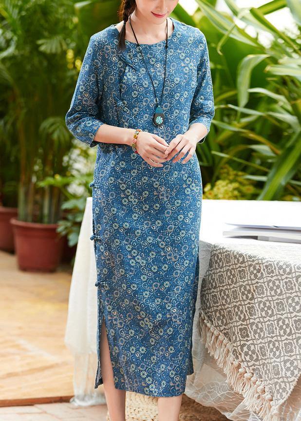 Blue Print Linen Clothes for O Neck Chinese Button Summer Dress