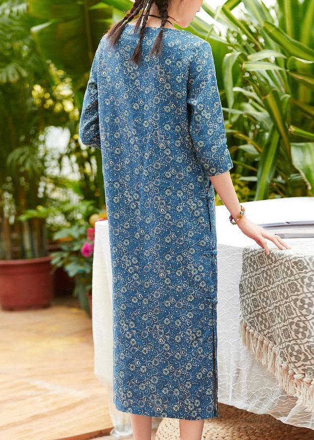 Blue Print Linen Clothes for O Neck Chinese Button Summer Dress