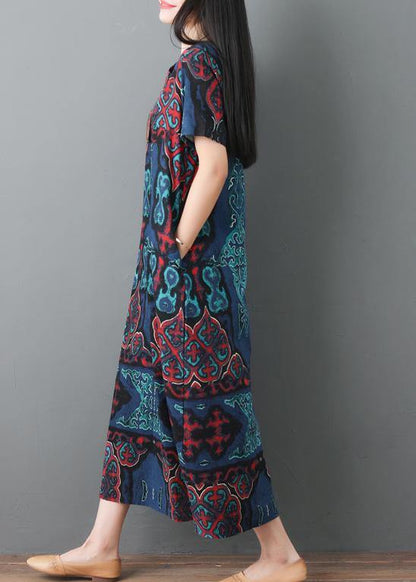 Blue Prints Cotton Robes O Neck Maxi Summer Dresses