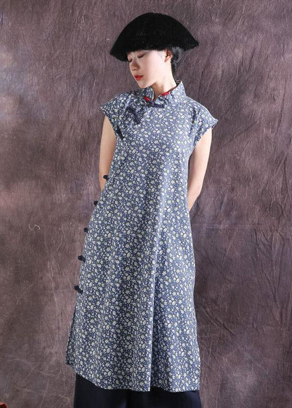 Blue Prints Cotton Dresses Chinese Button Traveling Summer Dress