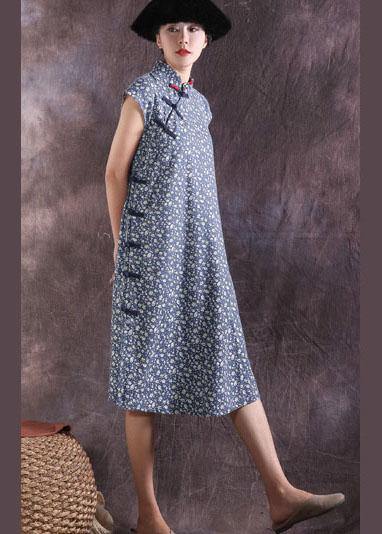 Blue Prints Cotton Dresses Chinese Button Traveling Summer Dress