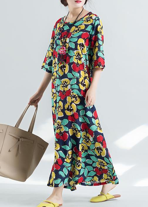 Blue Prints Cotton Linen Dresses Half Sleeve Cotton Robes Sundress Dresses