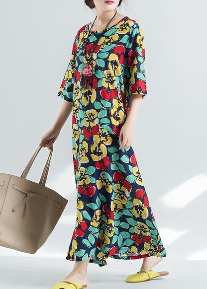 Blue Prints Cotton Linen Dresses Half Sleeve Cotton Robes Sundress Dresses