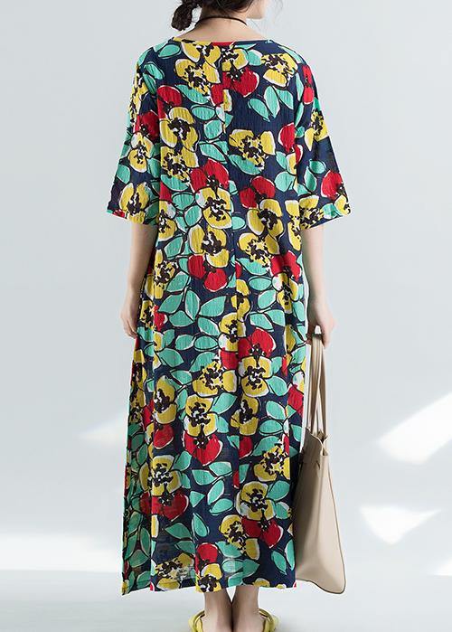 Blue Prints Cotton Linen Dresses Half Sleeve Cotton Robes Sundress Dresses