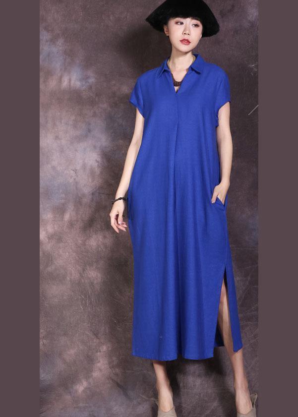 Blue Side Open Cotton Linen Dresses Lapel Collar Summer Dresses