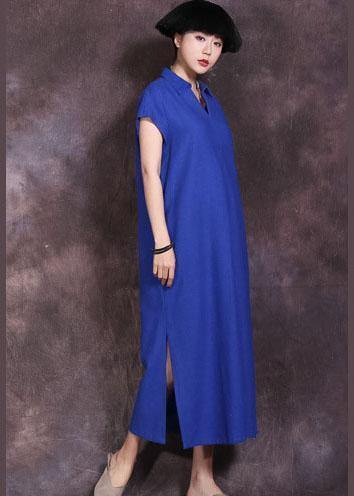 Blue Side Open Cotton Linen Dresses Lapel Collar Summer Dresses