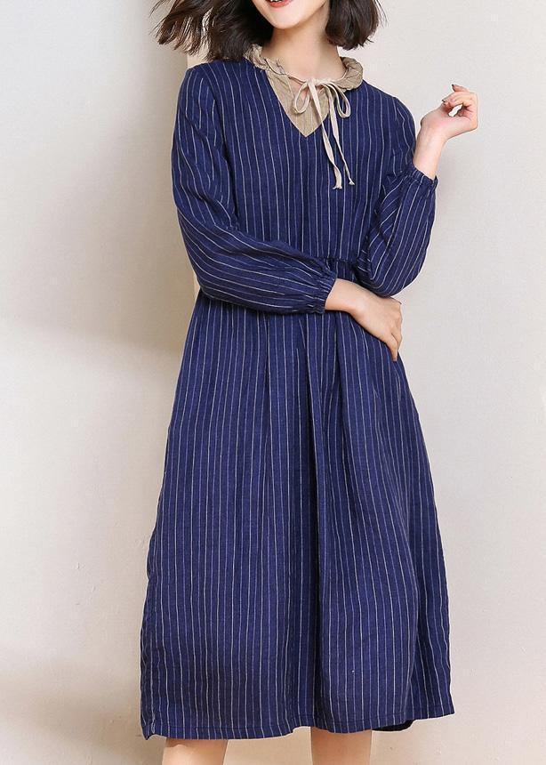 Blue Striped Linen Dresses V Neck Dresses Patchwork Dresses