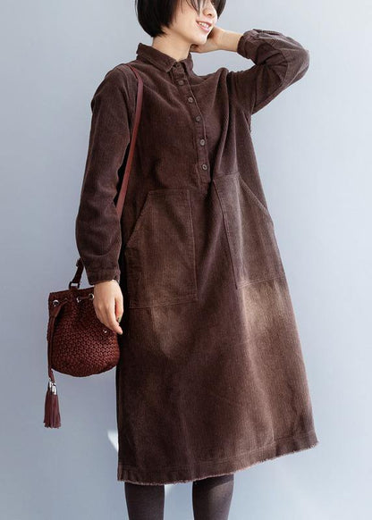 Brown Cotton Wardrobes Side Open Robe Lapel Collar Dresses