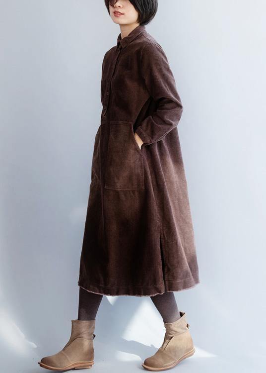 Brown Cotton Wardrobes Side Open Robe Lapel Collar Dresses
